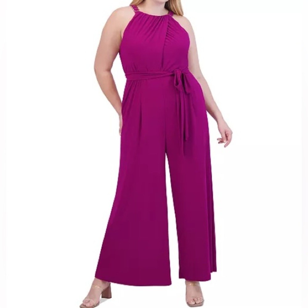 Vince Camuto Plus Size Halter-Neck Tie-Waist Jumpsuit Magenta Women’s Sz 2X