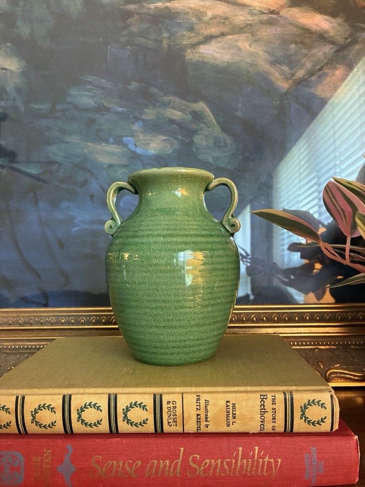 Vintage Green Celadon Glazed Ceramic Vase Scroll Handles 5.5”