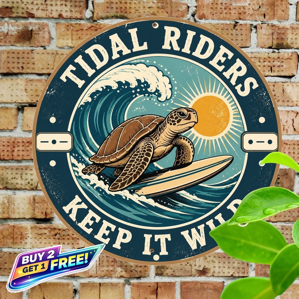 Sea Turtle Surfing Strong Round Metal Sign 8x8 Coastal Ocean Wall Art