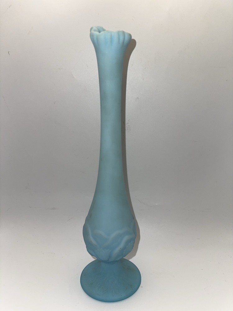 Fenton Blue Satin Glass Bud Vase Ruffled Top 10.5” Vintage Art Glass