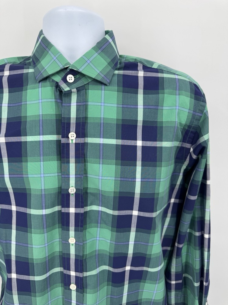 Ledbury Men's 16.5 Large Button Down Shirt 100% Cotton Green Plaid Long Sleeve