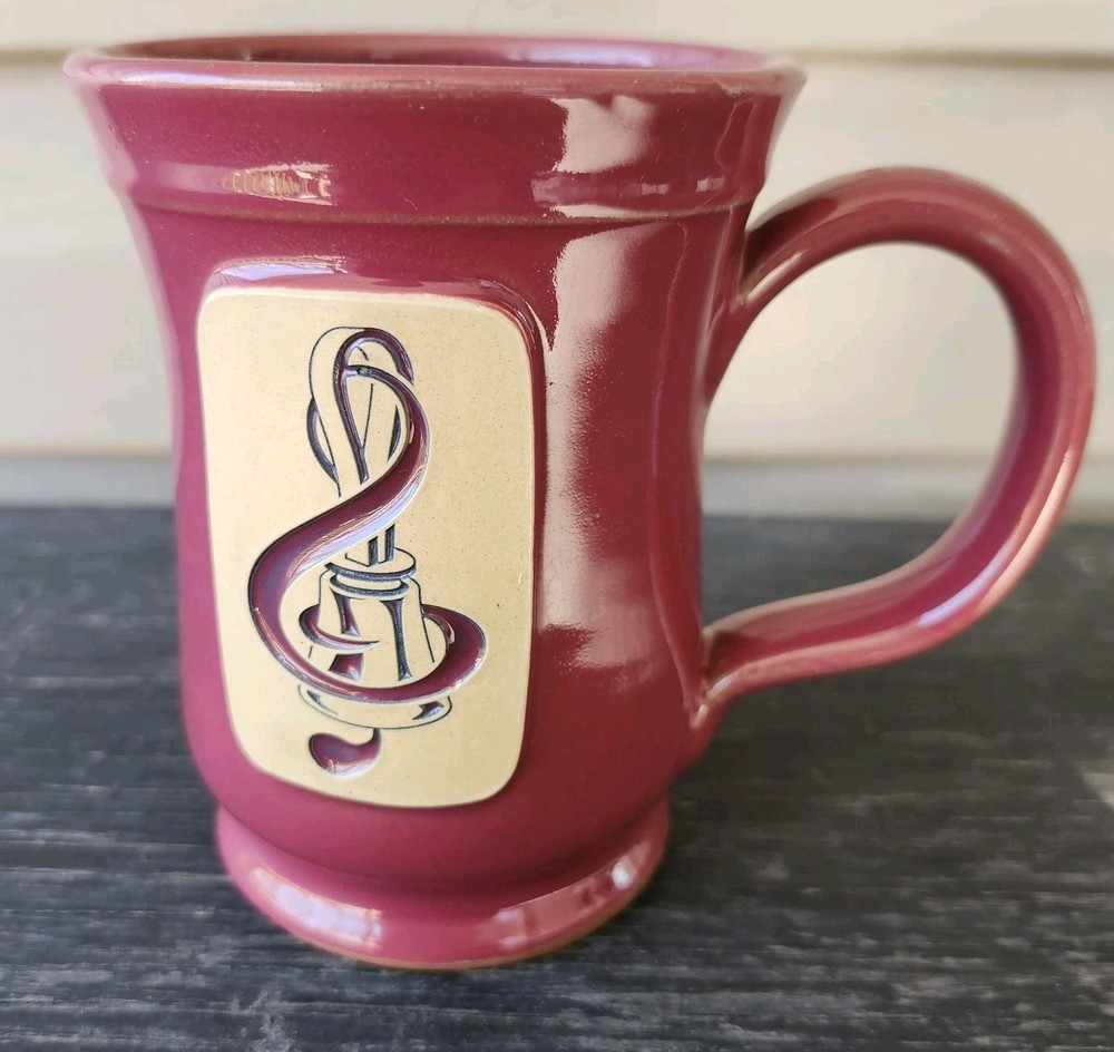Deneen Pottery Coffee Mug Red Bell Treble Clef Design Handmade USA Stoneware