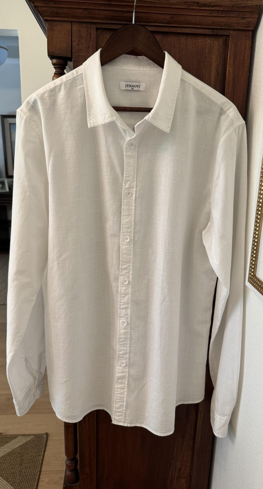 JEKAOYI Shirt Mens XL White Button Up Long Sleeve Linen Casual Lightweight