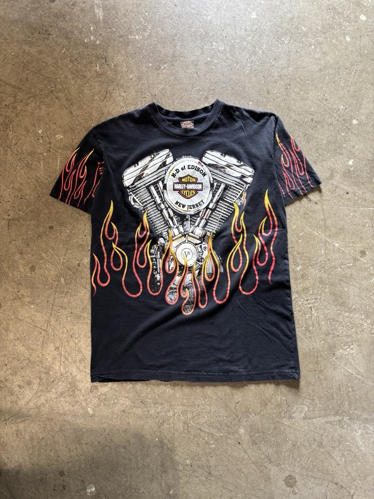 Vintage 1996 Harley Davidson Engine Flame All Over AOP T-Shirt Large 90s USA