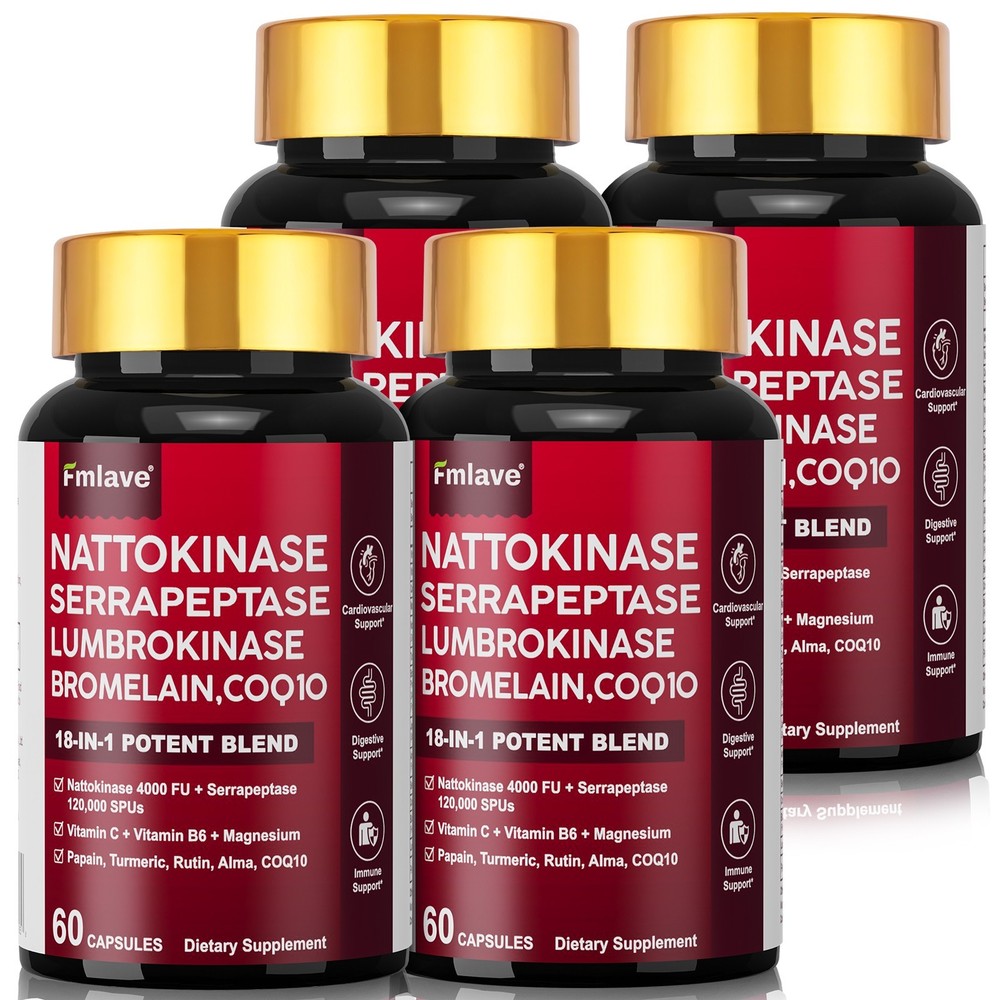 4 Pack Nattokinase Supplement 4000 FU 240 Capsules Non-Gmo, Gluten Free Exp 2027