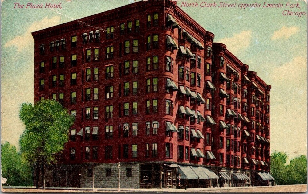 The Plaza Hotel across Lincoln Park N. Clark st. Chicago IL Postcard 1912 DB