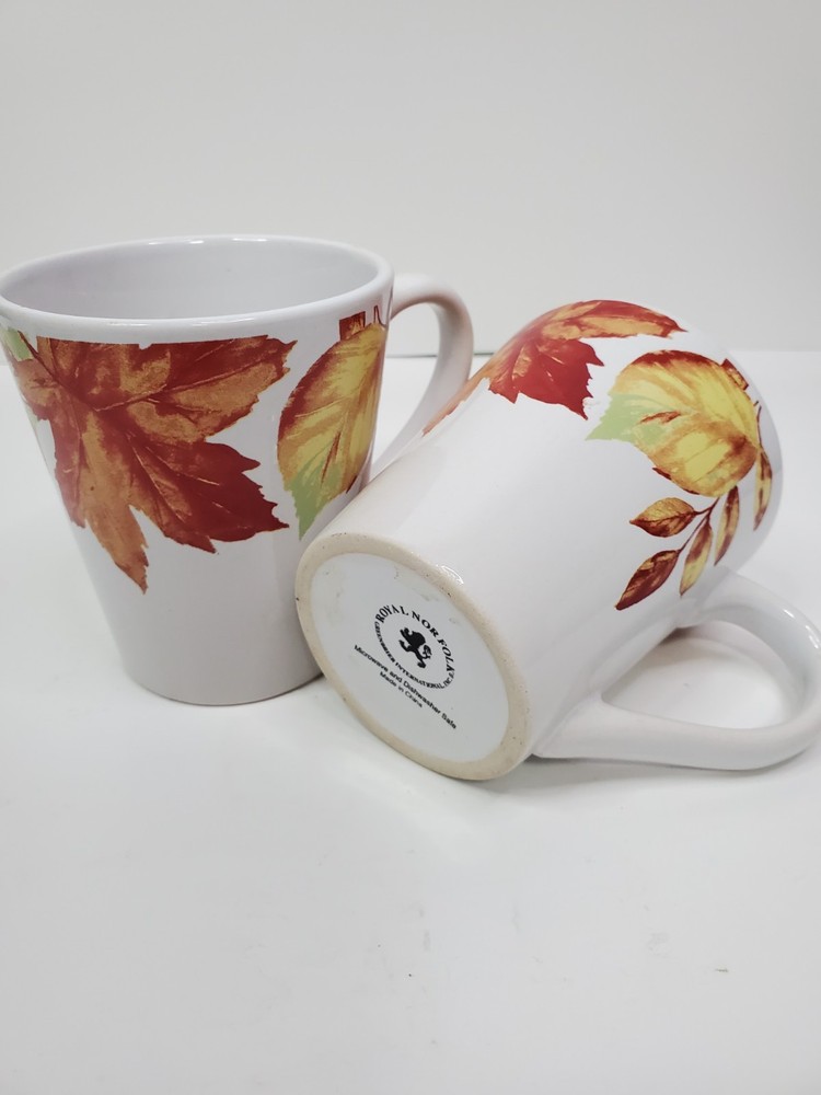 Royal Norfolk Fall Leaves Acorns Coffee Mugs Cups 12 Oz Stoneware Set of 2