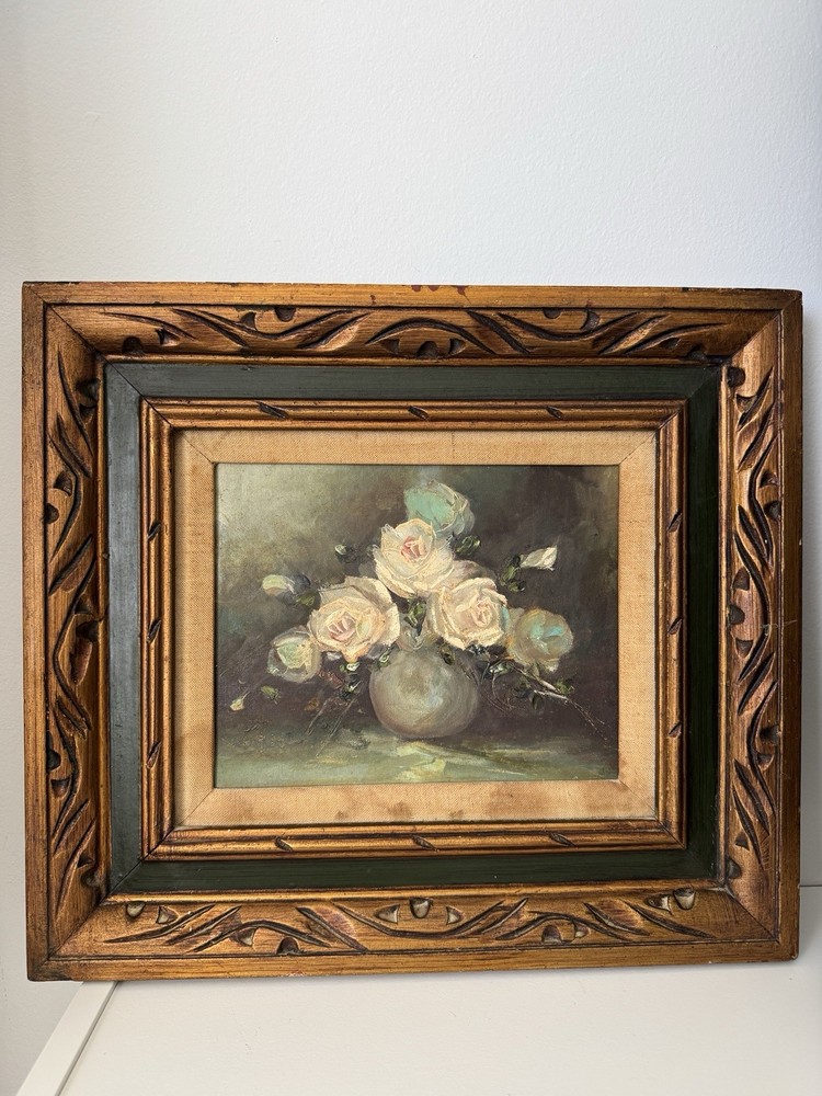 Vintage Still Life Wooden Frame. Bouquet Flowers. Hand Painted Of Canvas On Wood