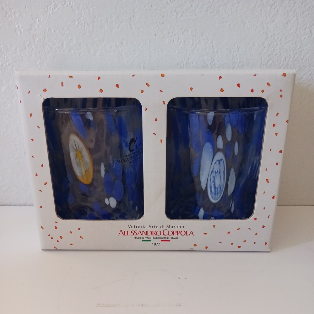 Arte di MURANO Alessandro Coppola Glass Hand Made Indented Blue 10oz.  Set of 2