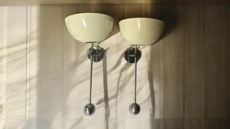 Mid-Century Modern Wall Sconce Pair: White & Chrome Italian Brass Light