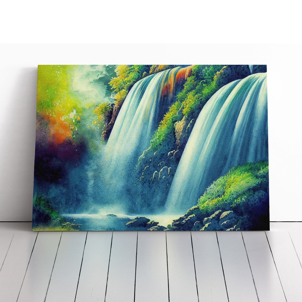 Watercolour Waterfall Canvas Wall Art Print Framed Picture Decor Living Room