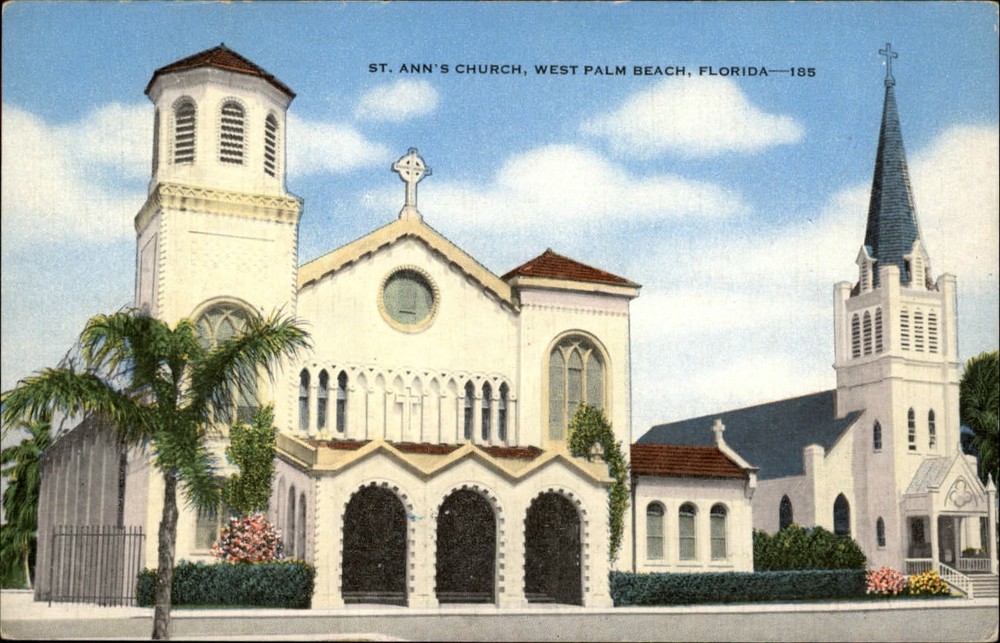 West Palm Beach Florida St Ann's Church cross ~ 1940s linen postcard