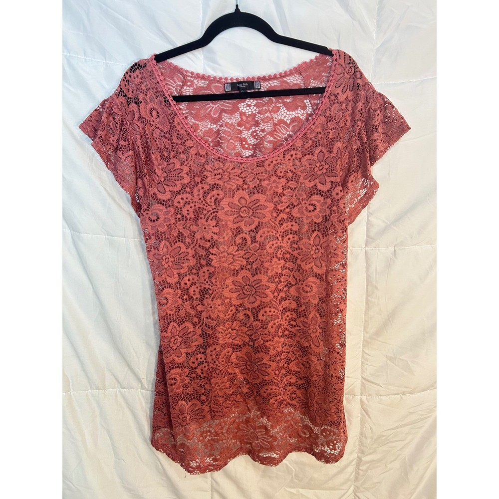 Tutta Bella Maternity Lace Overlay Tunic Top Coral Pink XL Short Sleeve V-Neck