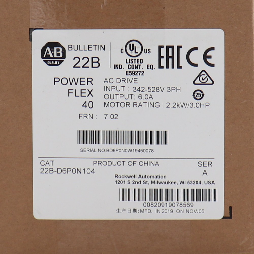 Allen-Bradley 22B-D6P0N104 AB 22BD6P0N104 Powerflex 40 AC Drive 3.0Hp 2.2kW