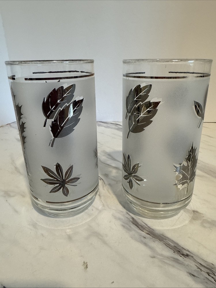 Libbey MCM Vintage Silver Leaf Frosted Drink Bar Glass Set Of 2 - 5 1/2