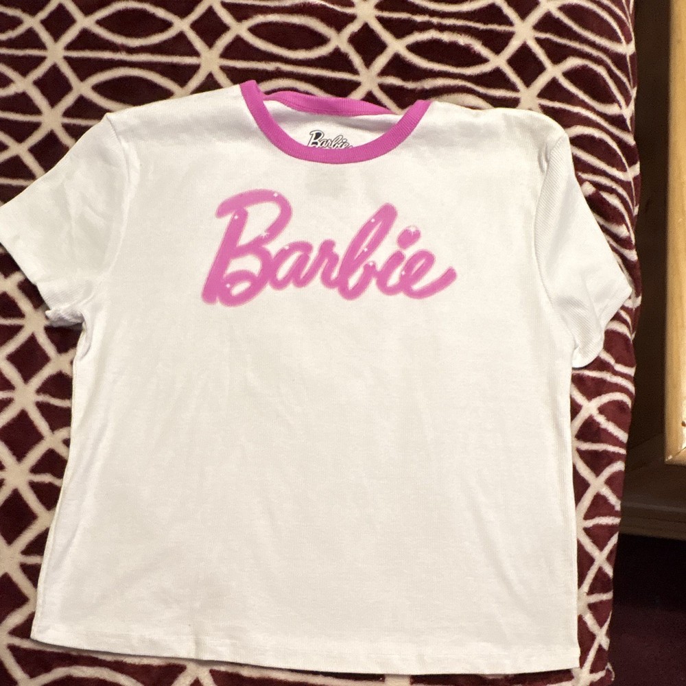 Barbie Women's White Pink Ringer Graphic Print Crew Neck T-Shirt XXL