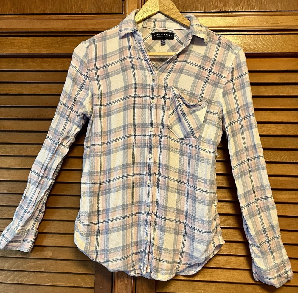 Aeropostale Women’s Light  Blue And Pink Plaid Flannel Shirt Sz XS  Shirt Cozy
