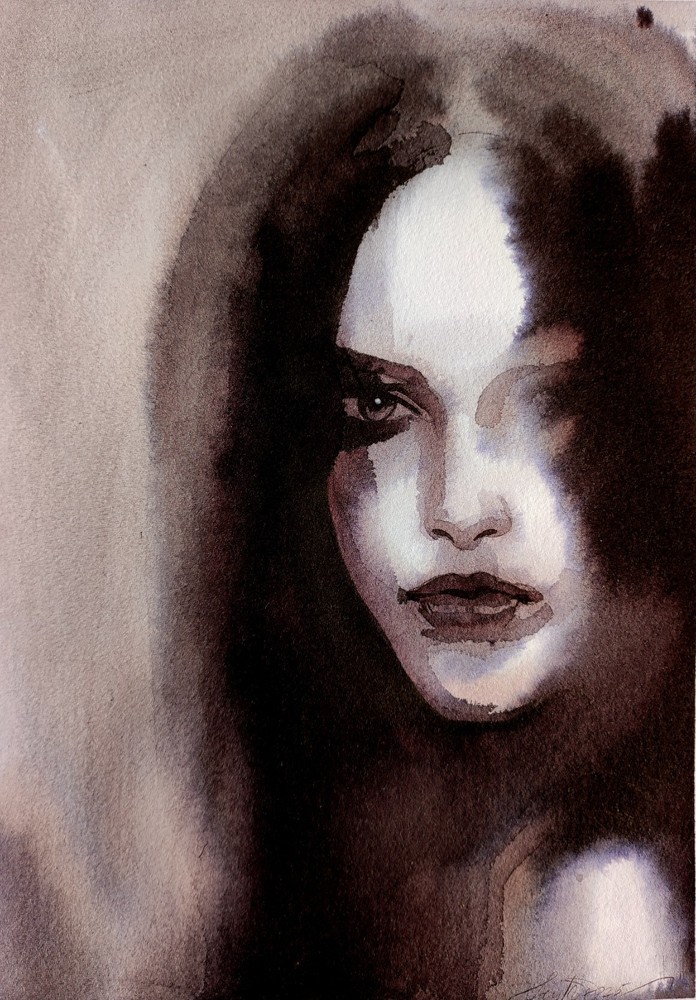 Original Watercolor Painting Beautiful Brunette Woman Portrait Female Wall Art