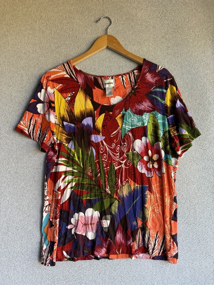 Chicos Top Womens 3 Floral Tropical Boho Resort Coastal Beach Vacation Casual