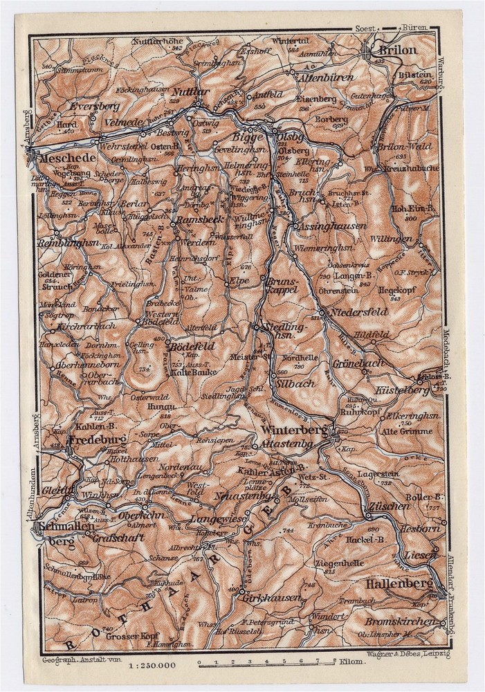 1911 Antique Map Of Vicinity Of Meschede Brilon Rothaar Mountains Germany