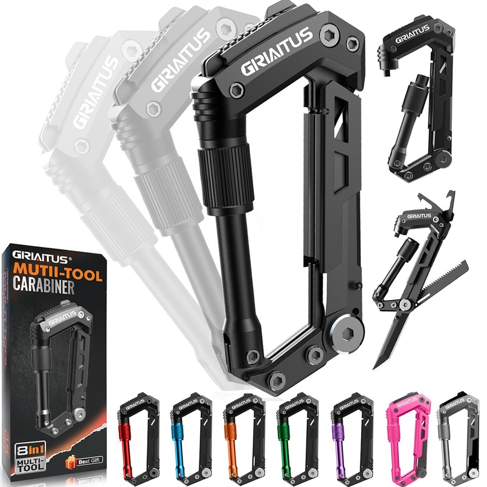 Carabiner Multitool 8-in-1 EDC Carabiners Pocket Knife, Serrated Knife, Rope ...