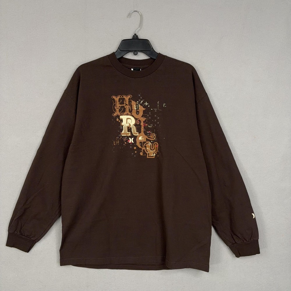 Vintage Hurley Shirt Mens XL Brown Long Sleeve Graphic Skate Surf Cali Logo