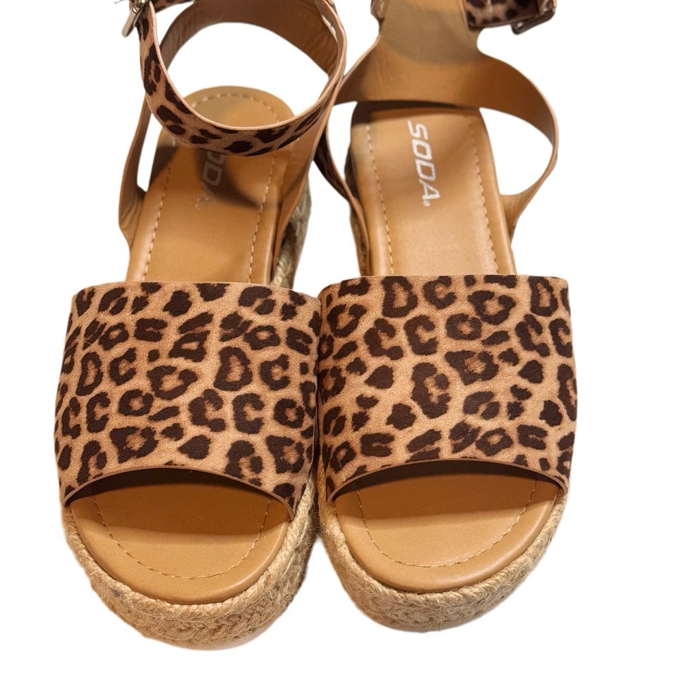 Y2K Soda Platform Wedge Sandals Orange Brown Straps, Size 7.5 Leopard Print
