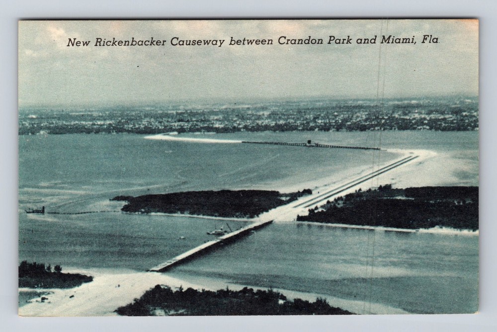 Miami FL-Florida Aerial New Rickenbacker Causeway Crandon Park Vintage Postcard