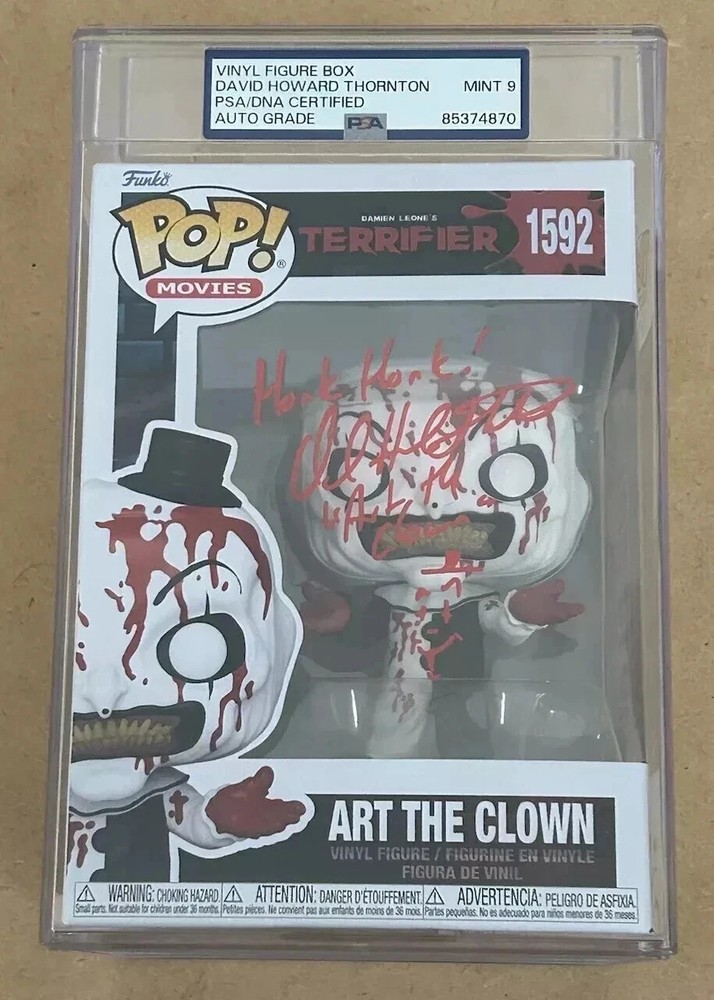 PSA MINT 9 DAVID HOWARD THORNTON SIGNED ART THE CLOWN FUNKO 1592 TERRIFIER QUOTE
