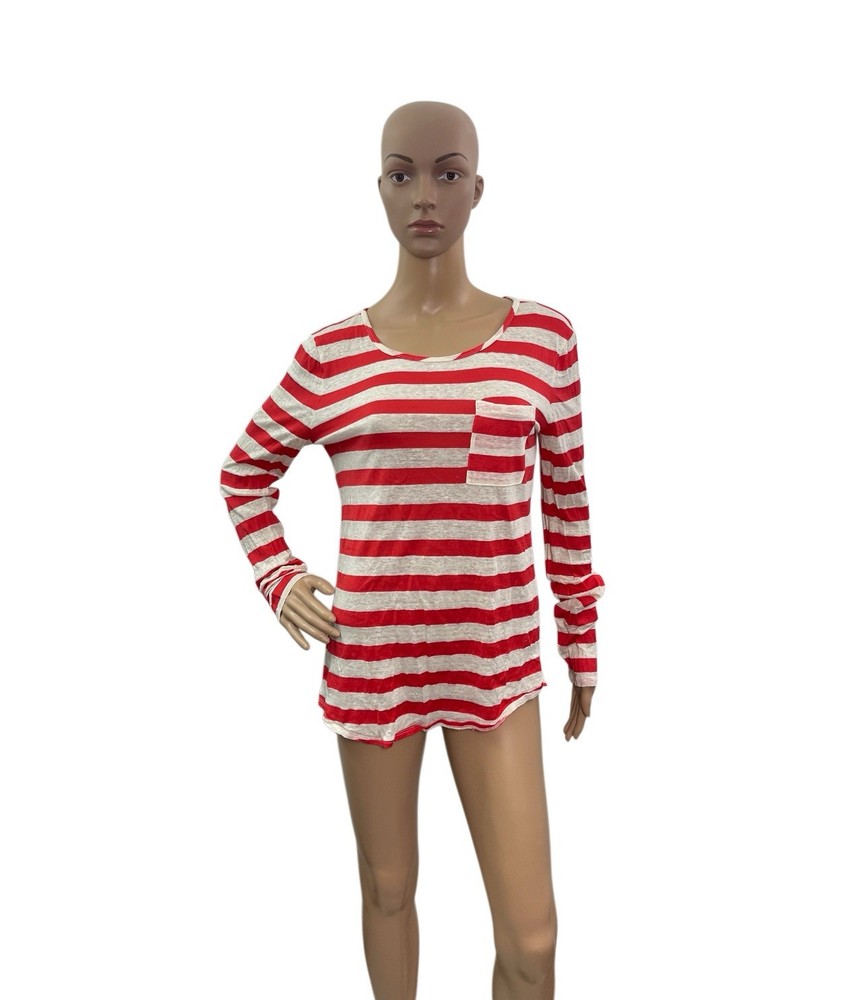 Ann Taylor Loft Women’s Size S Long Sleeve Red/Ivory Striped Tee Linen/Cotton