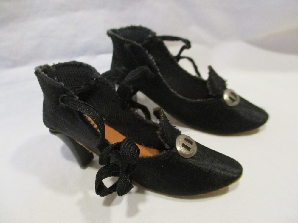 vintage antique boudoir bed doll high heel black satin buckle tie shoes