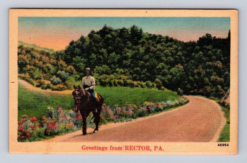Rector PA-Pennsylvania, Greetings, Horse & Rider Scenic Roadway Vintage Postcard