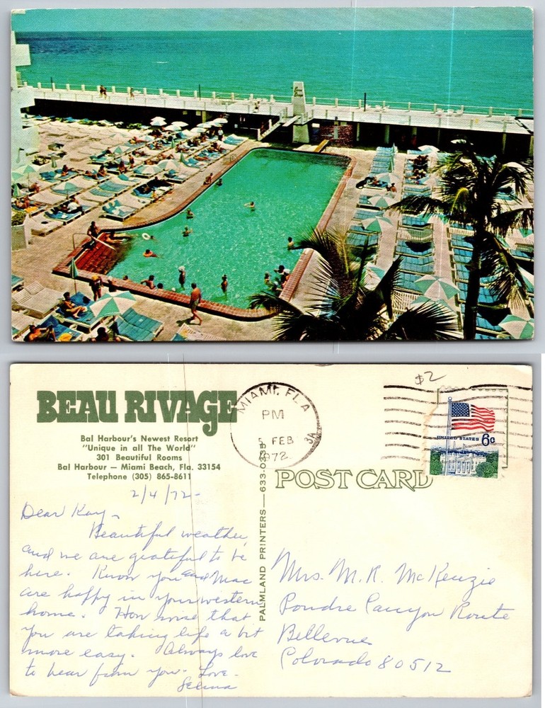 1972 Beau Rivage Resort Bal Harbour Miami Beach FL Pool Ocean Postcard