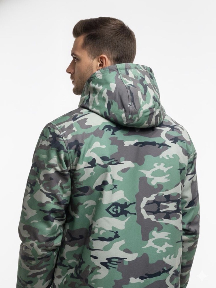 Mens Camouflage Soft Shell Jacket | Hooded, Zip Closure, Adjustable Fit