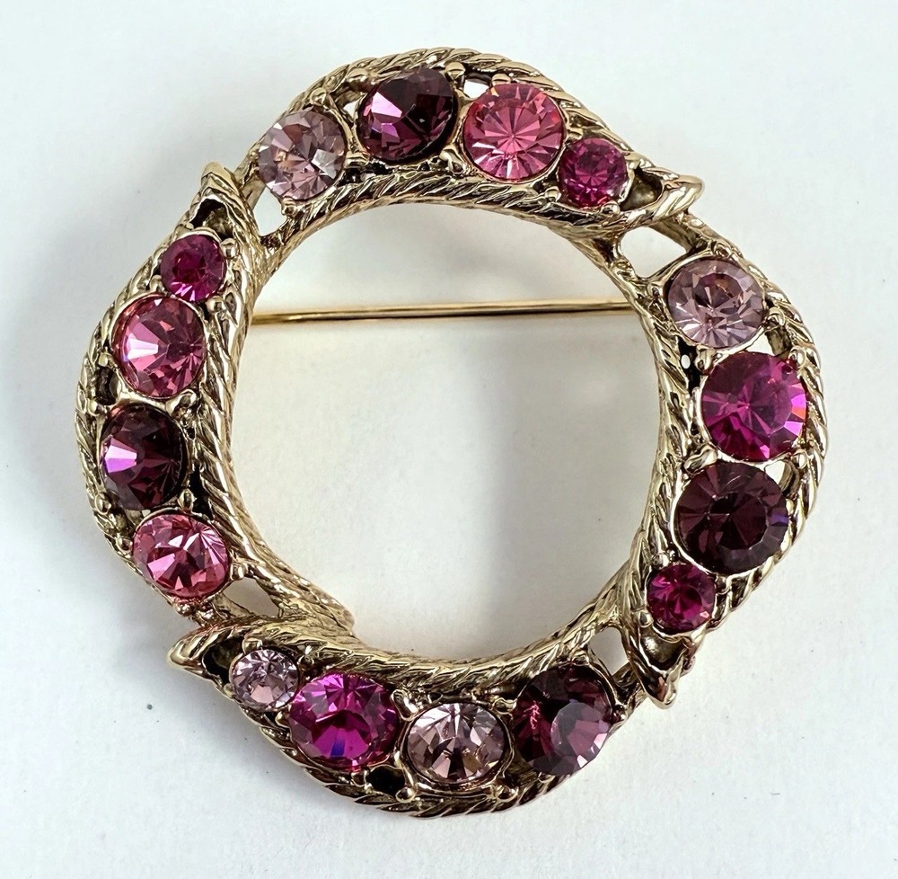 Vintage Pink & Purple Rhinestone Gold Tone Brooch Pin