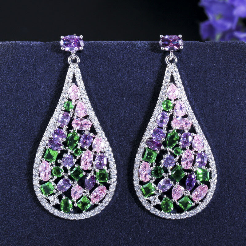 Silver Plated Long Water Drop Cubic Zircon Dangle Earrings Women Costume Jewelry