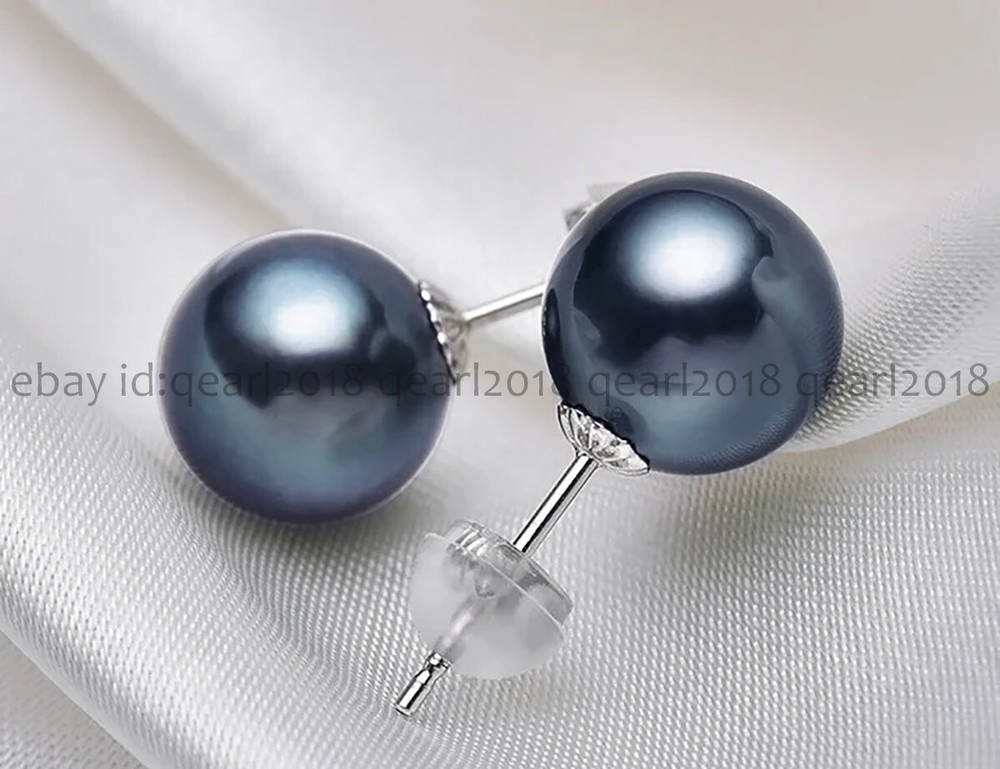 Perfect Round Real Natural Black South Sea Pearl Stud Earrings 14K White Gold