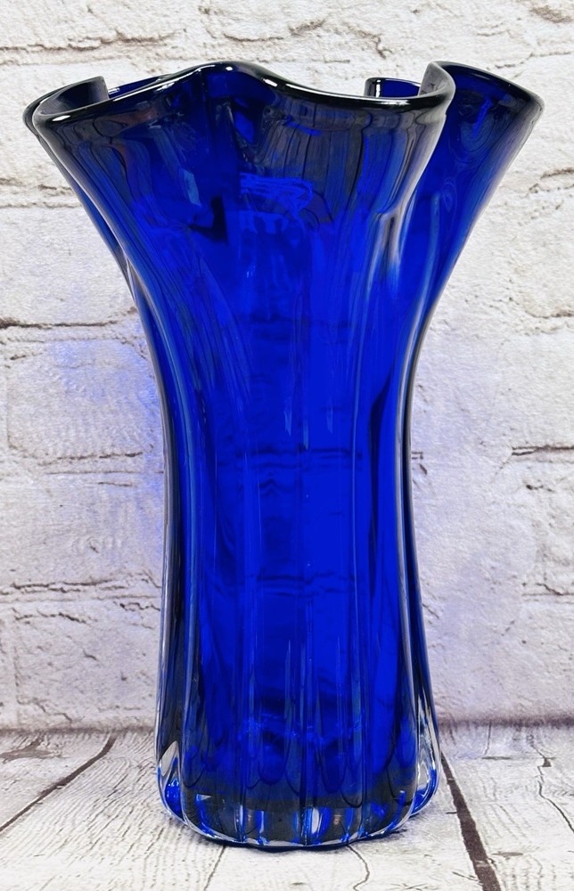 Vintage Cobalt Blue Art Glass Vase Ruffled Rim Romanian 11.5 Tall
