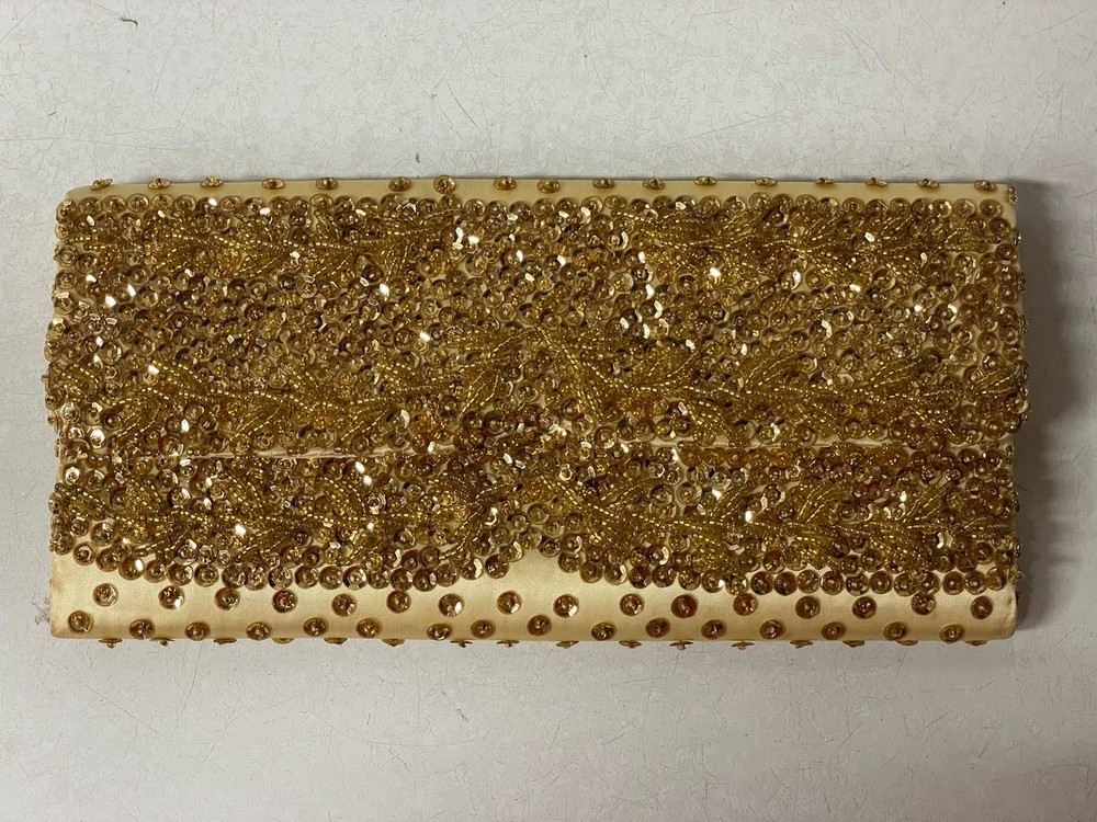 VTG Purse Clutch Hand Made In Hong Kong Gold Beaded Sequins Evening Bag Clutch