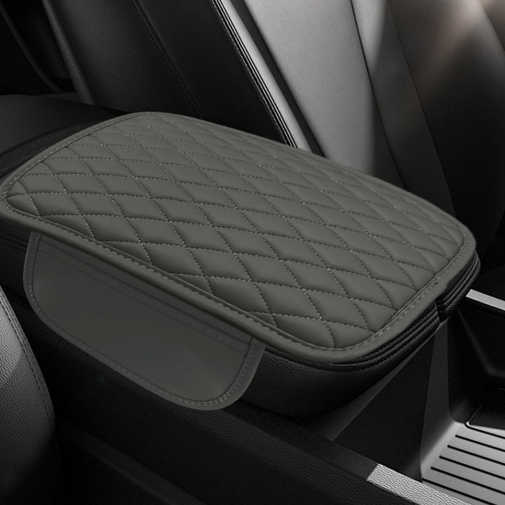 Leather Center Console Armrest Cover with Storage Pouch, Universal Color: Gray