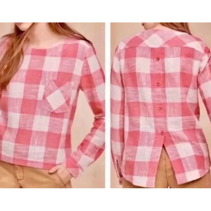 Cloth & Stone Women's Size S Plaid Button Back Blouse Pink White Check