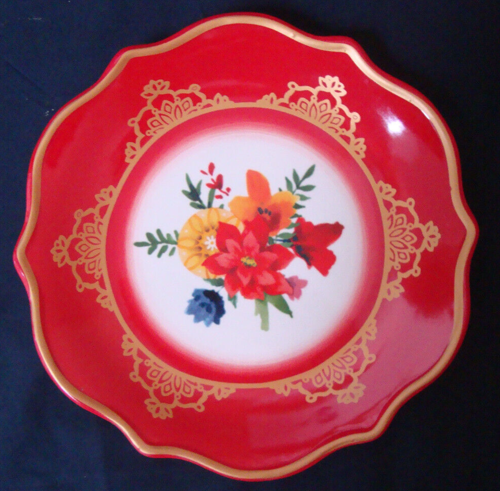 Pioneer Woman Winter Bouquet 8.5” Red Gold Trim Dessert Plate