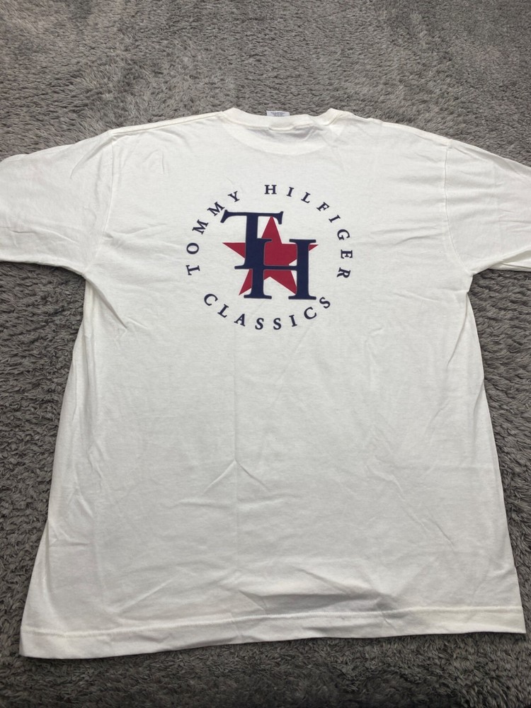Vintage Tommy Hilfiger Men's Large White Flag Logo Crewneck Shirt Made in USA