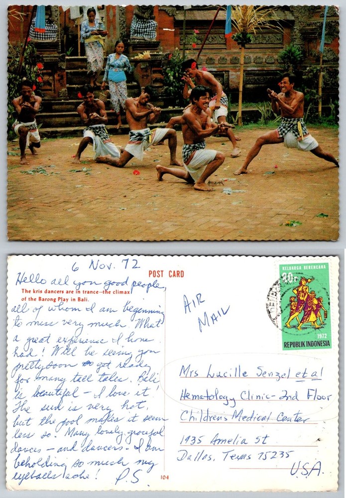 1972 Bali Kris Dancers Barong Play Postcard Indonesia Air Mail Posted