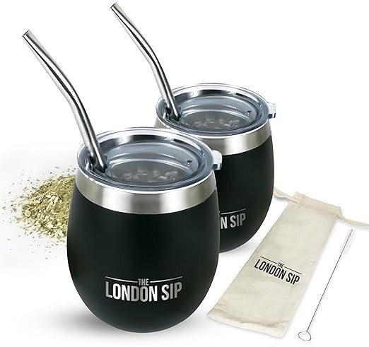 London Sip Yerba Mate Cup and Bombilla Set, Includes 2 Gourds (8 oz each), Sp...