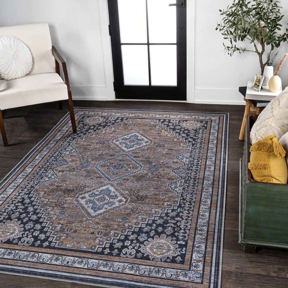 Jonathan Y WSH101-4 Washable 4x6 Brown Blue Geometric Chenille Rug