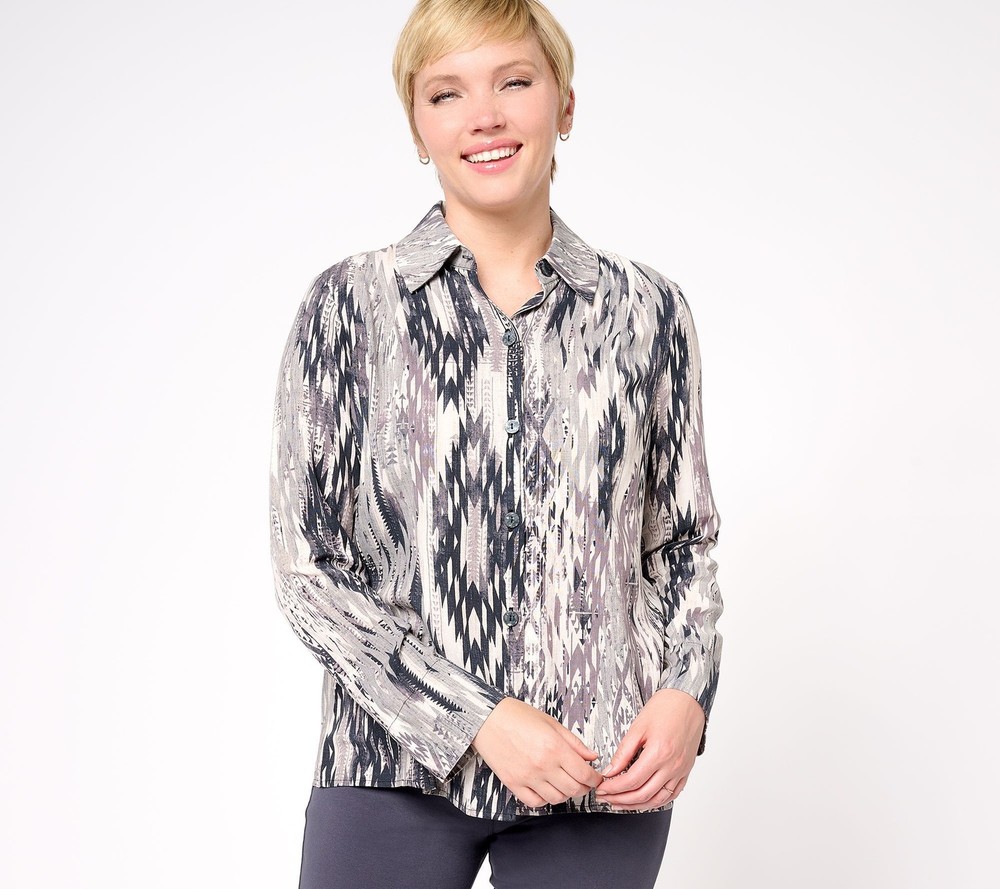 Women with Control Women's Top Plus Sz 1X Godet Woven Button Front Gray A612914