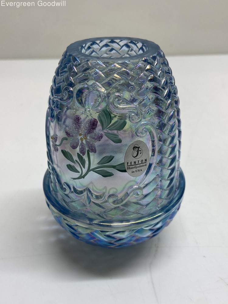 Fenton Hand Painted Fairy Lamp Blue Candle Holder
