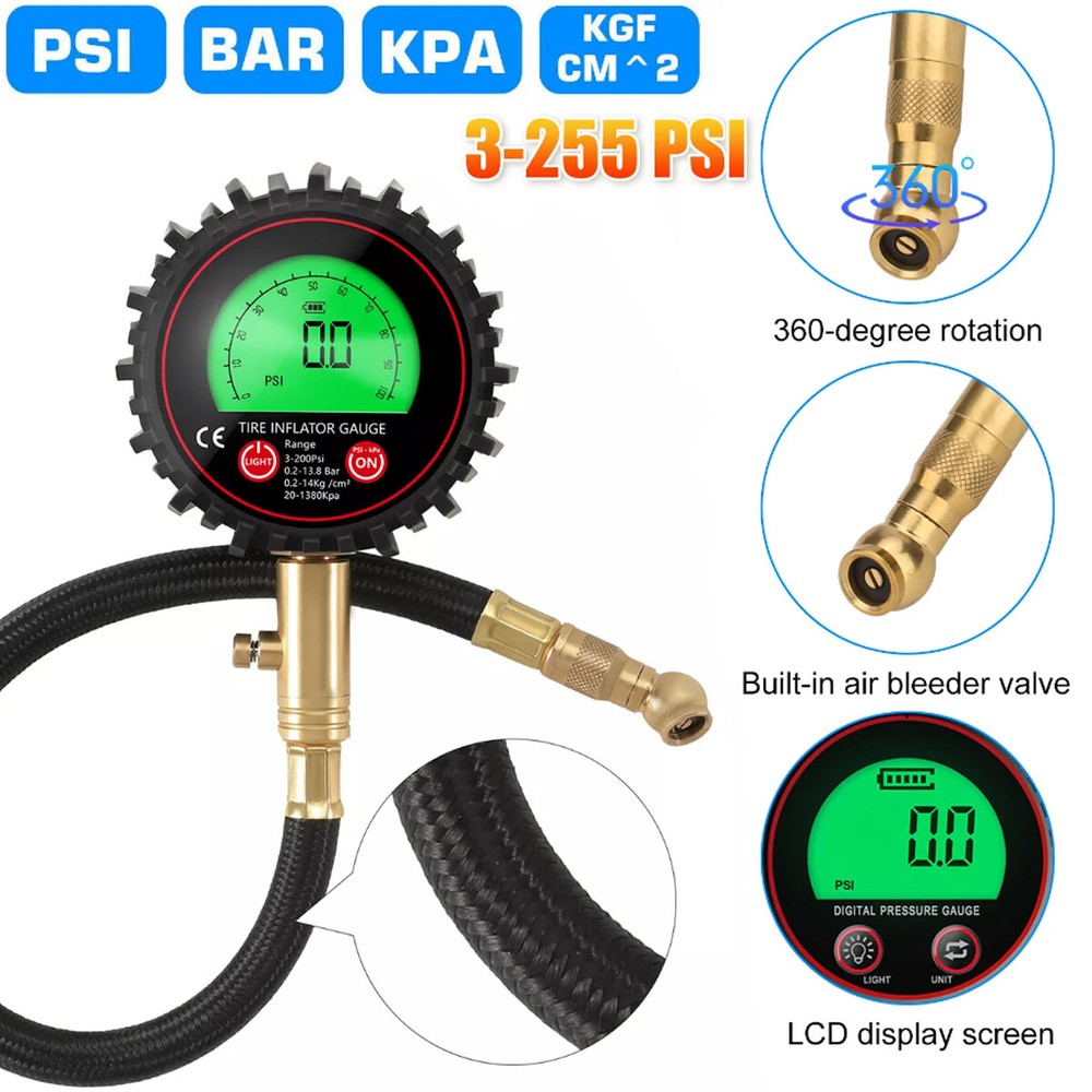 Professional Digital Tire Gauge with LCD Screen - Measures 3-255 PSI for Trucks, Cars & Bikes  -image