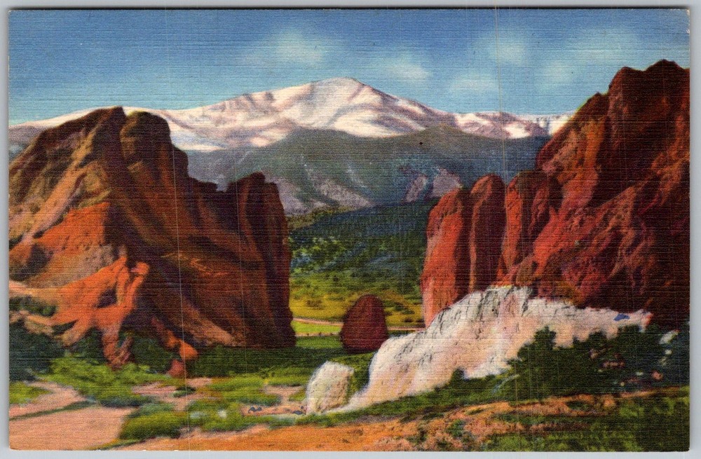 Vtg Linen Postcard Pikes Peak Gateway Colorado Springs, CO 1940s